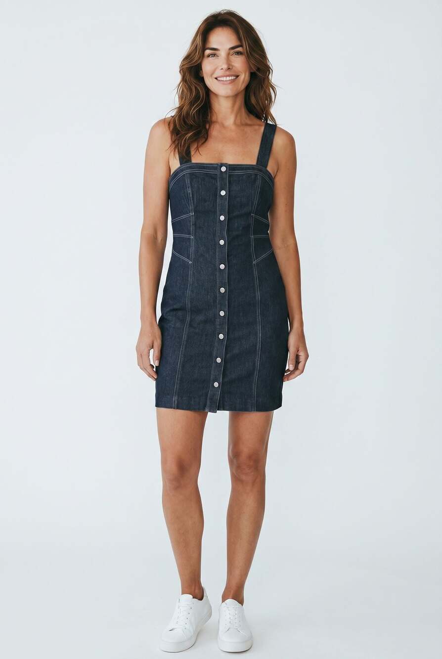 Etcetera Prophecy Dark Wash Button-Front Denim Mini Dress